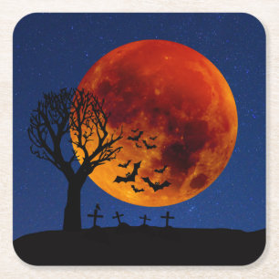 Harvest Moon Halloween Square Paper Coaster
