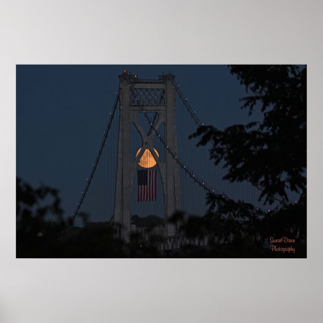 Harvest Moonrise over the American Flag Poster (Front)