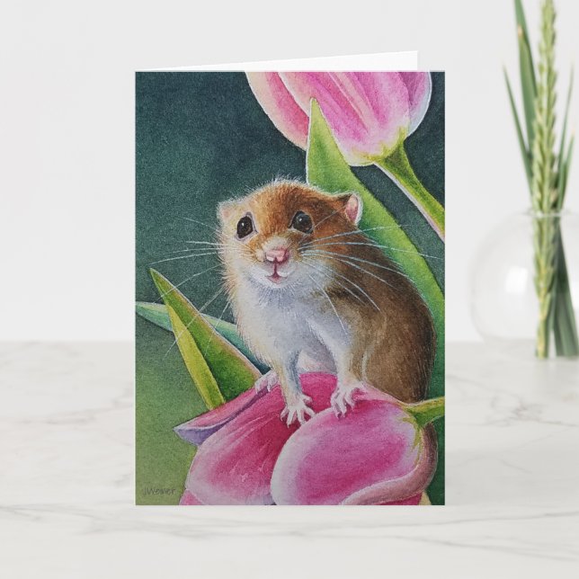 Harvest Mouse On Pink Tulip Spring Watercolor Art  Card (Front)