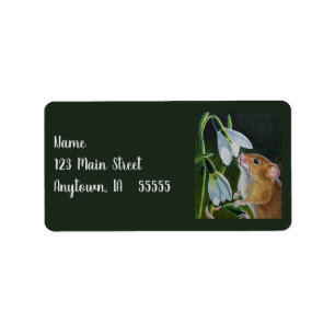 Harvest Mouse Smelling Snowdrops Watercolor Art Label
