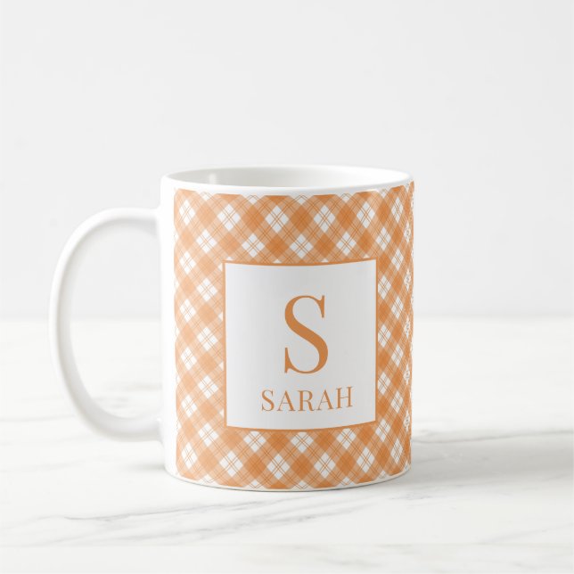 Harvest Orange Plaid Custom Name Initial Mug (Left)