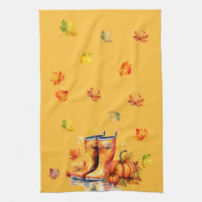 Harvest Pumpkin Patch - Fall Rain Boots  Tea Towel (Vertical)