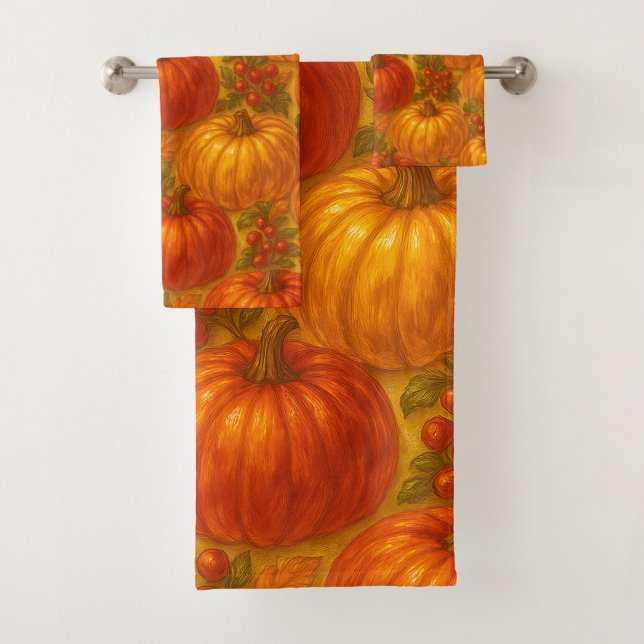 Harvest Pumpkin Pattern – Fall Thanksgiving Bath Towel Set (Insitu)
