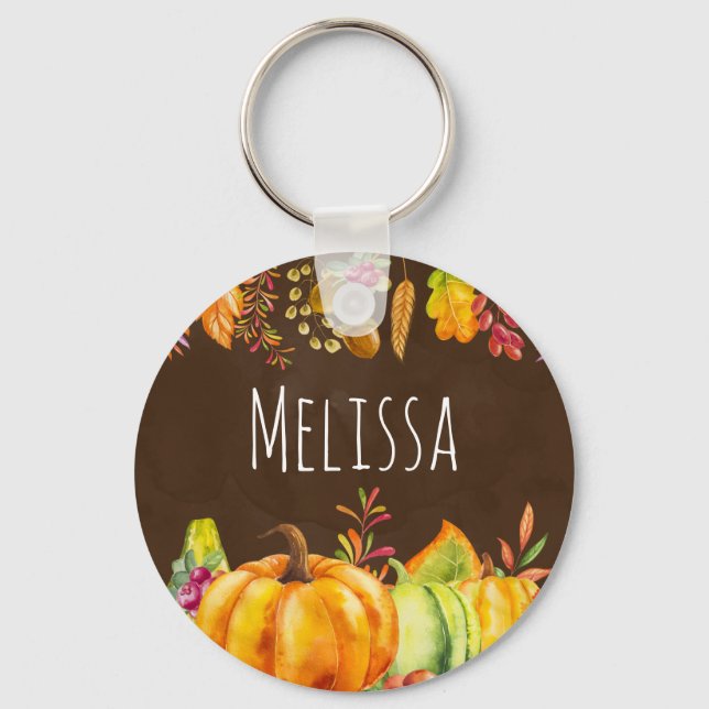 Harvest Pumpkins and Autumn Leaves Border Key Ring (Front)