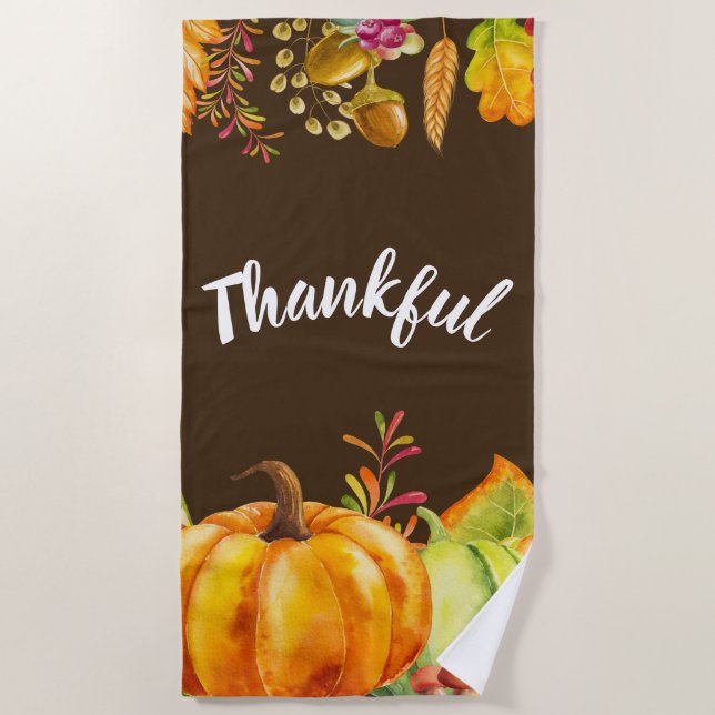 Harvest Pumpkins and Autumn Leaves Border Thankful Beach Towel (Front)