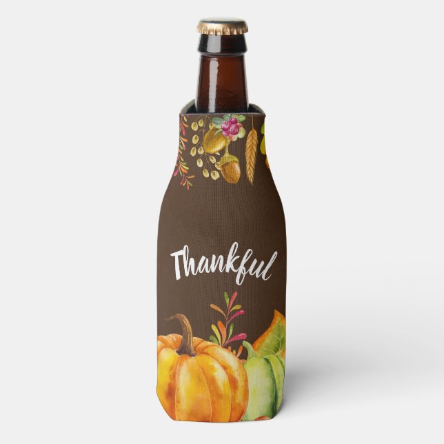Harvest Pumpkins and Autumn Leaves Border Thankful Bottle Cooler (Bottle Front)