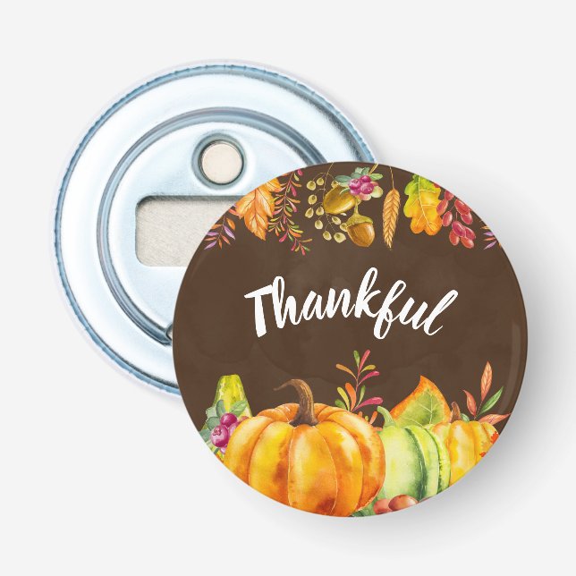 Harvest Pumpkins and Autumn Leaves Border Thankful Bottle Opener (Front)
