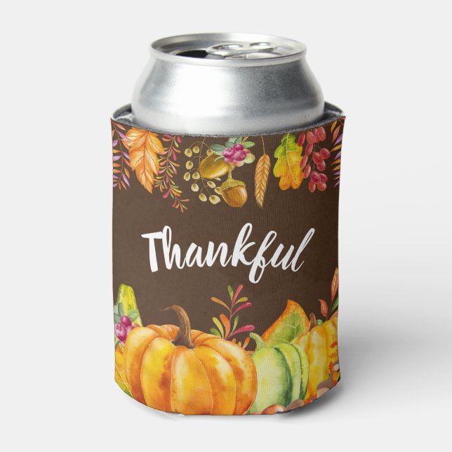 Harvest Pumpkins and Autumn Leaves Border Thankful Can Cooler (Can Front)