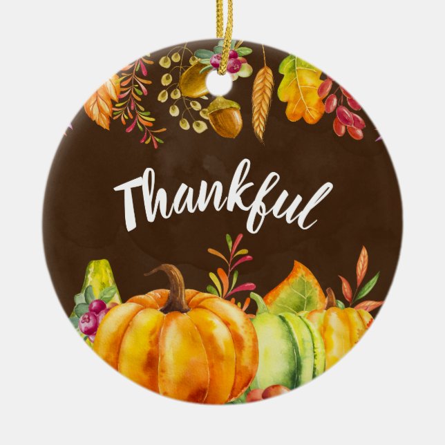 Harvest Pumpkins and Autumn Leaves Border Thankful Ceramic Tree Decoration (Front)
