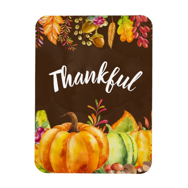 Harvest Pumpkins and Autumn Leaves Border Thankful Magnet (Vertical)