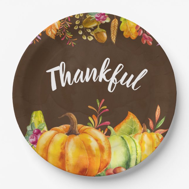 Harvest Pumpkins and Autumn Leaves Border Thankful Paper Plate (Front)