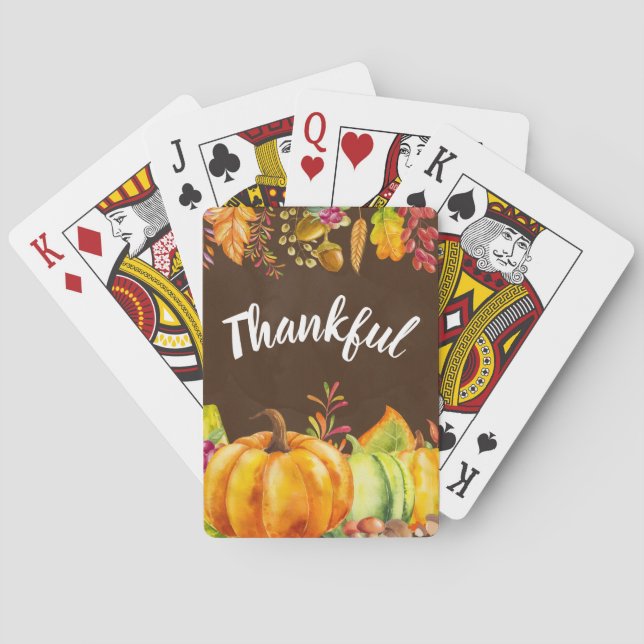 Harvest Pumpkins and Autumn Leaves Border Thankful Playing Cards (Back)