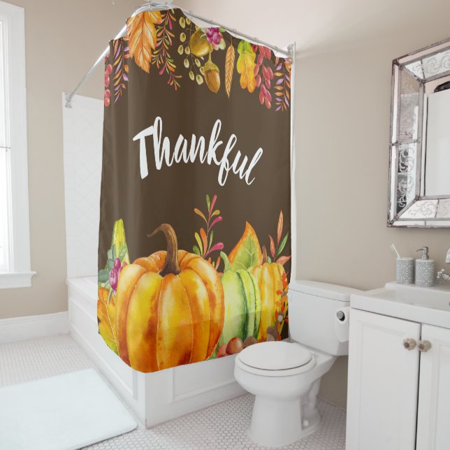 Harvest Pumpkins and Autumn Leaves Border Thankful Shower Curtain (In Situ)