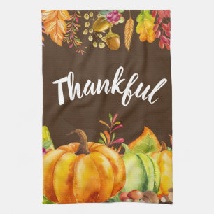 Harvest Pumpkins and Autumn Leaves Border Thankful Tea Towel