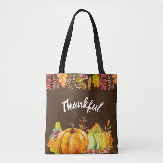 Harvest Pumpkins and Autumn Leaves Border Thankful Tote Bag (Front)