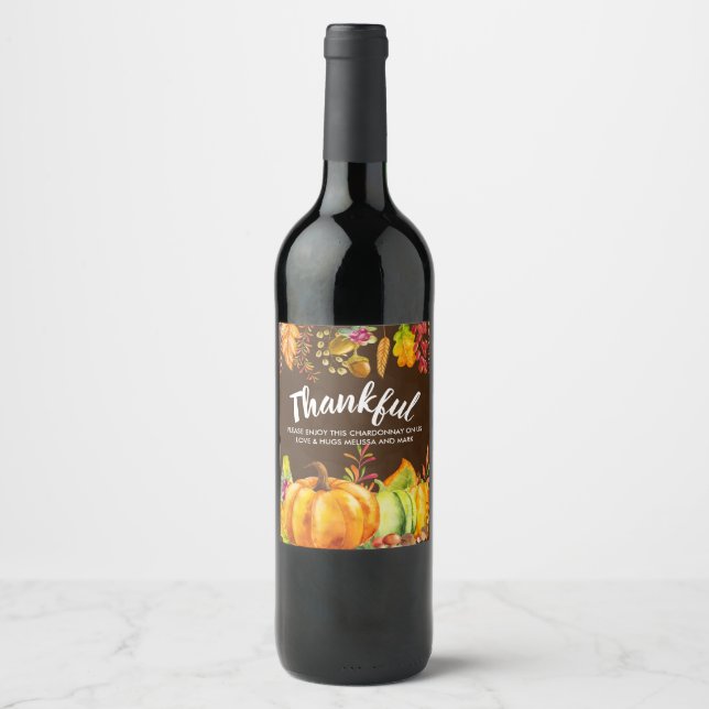 Harvest Pumpkins and Autumn Leaves Border Thankful Wine Label (Front)