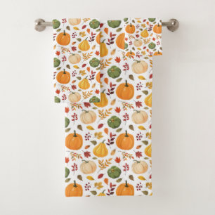 Harvest Pumpkins and Autumn Leaves Pattern Bath Towel Set