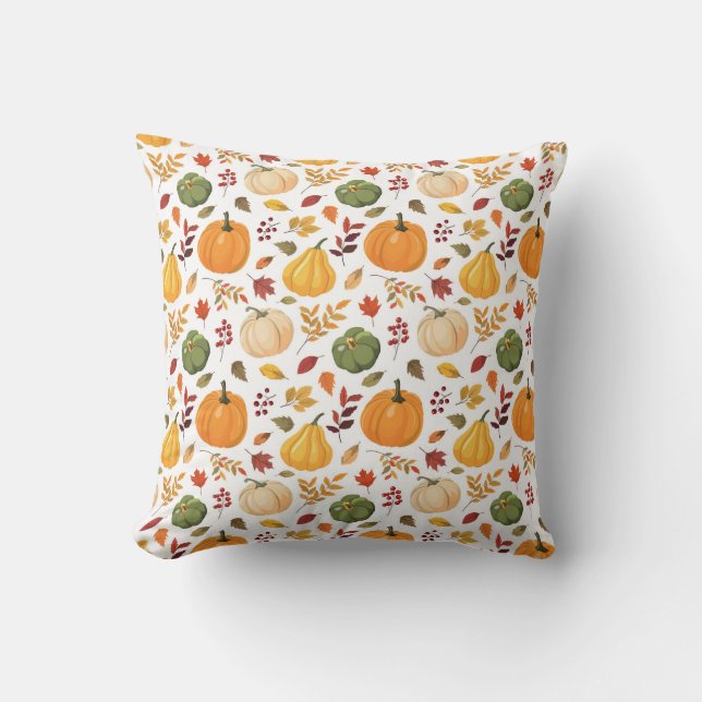 Harvest Pumpkins and Autumn Leaves Pattern Cushion (Front)