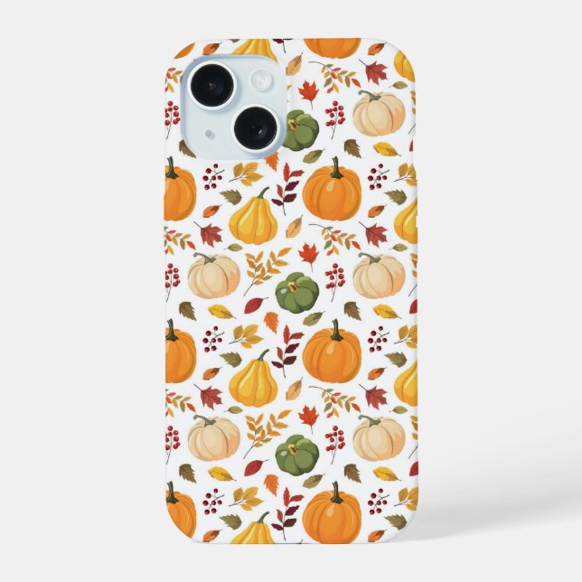 Harvest Pumpkins and Autumn Leaves Pattern iPhone 15 Case (Back)