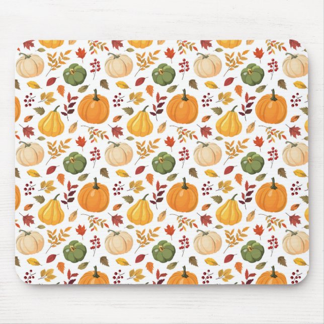 Harvest Pumpkins and Autumn Leaves Pattern Mouse Mat (Front)