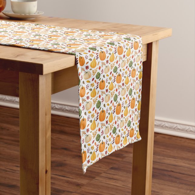 Harvest Pumpkins and Autumn Leaves Pattern Short Table Runner (In Situ)