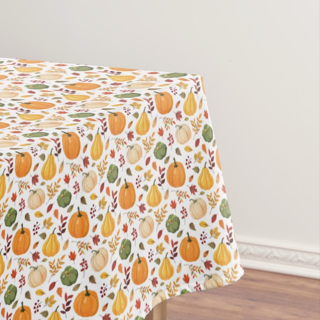 Harvest Pumpkins and Autumn Leaves Pattern Tablecloth (In Situ)