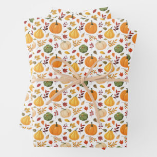 Harvest Pumpkins and Autumn Leaves Pattern Wrapping Paper Sheet
