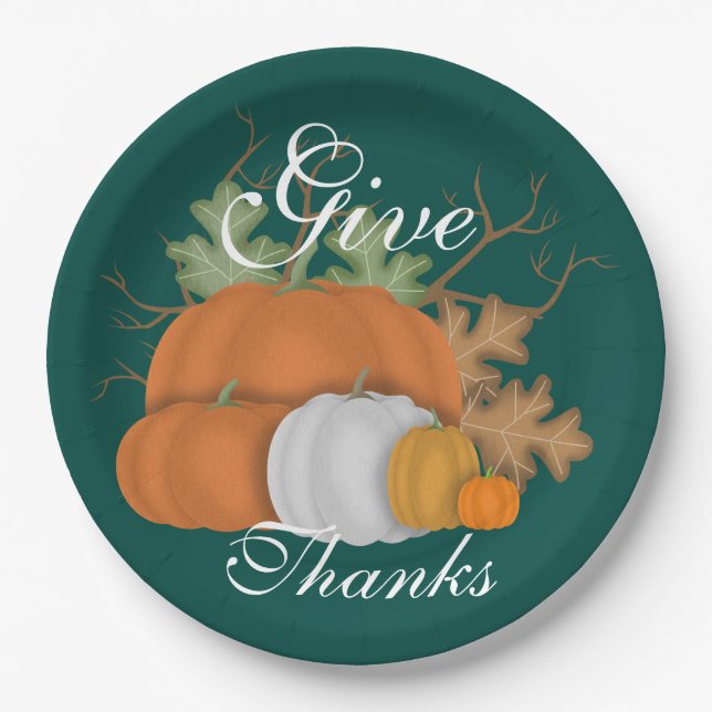 Harvest Pumpkins and Oak Leaves Give Thanks Custom Paper Plate (Front)