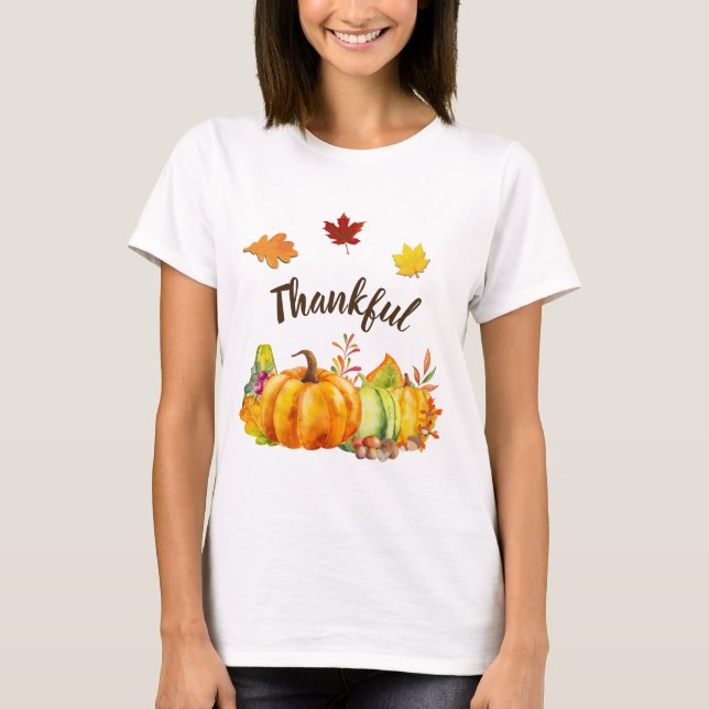 Harvest Pumpkins, Leaves and Foliage Thankful T-Shirt (Front)
