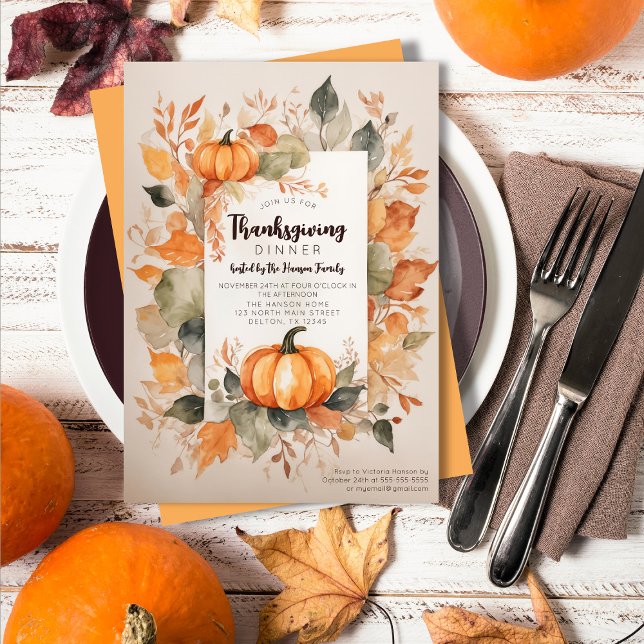 Harvest Pumpkins Watercolor Leaves Thanksgiving Invitation (Creator Uploaded)