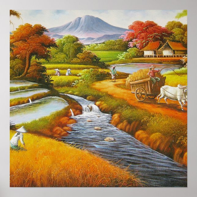 Harvest Time: A Rural Landscape with a Mountain Poster (Front)