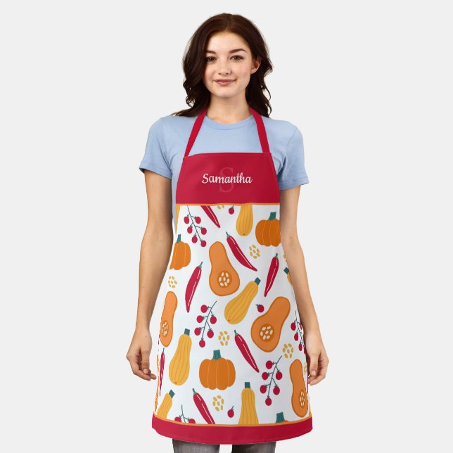 Harvest Vegetable Pattern with Name Orange and Red Apron (Worn)
