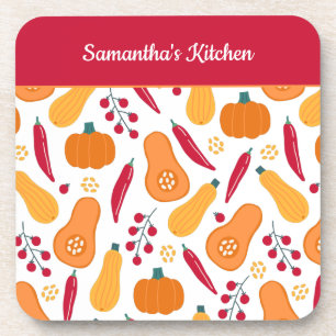 Harvest Vegetable Pattern with Name Orange and Red Coaster