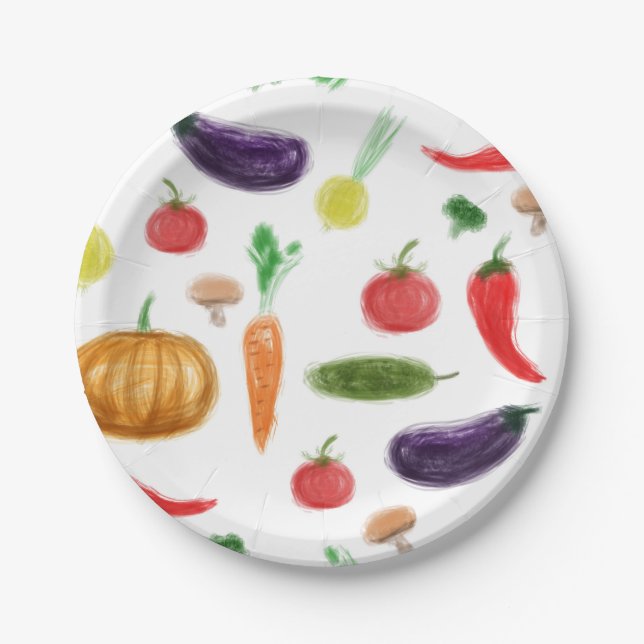 Harvest vegetables tomato pepper carrot mushroom c paper plate (Front)
