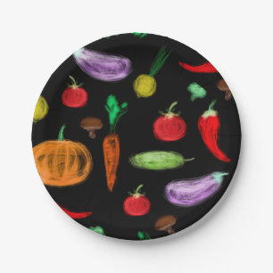 Harvest vegetables tomato pepper carrot mushroom c paper plate