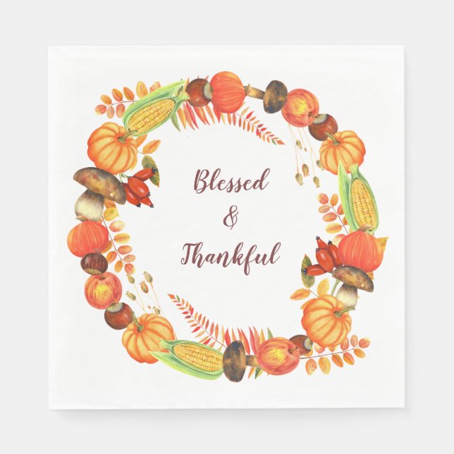 Harvest Wreath Blessed Thanksgiving Napkin (Front)
