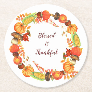 Harvest Wreath Blessed Thanksgiving Round Paper Coaster