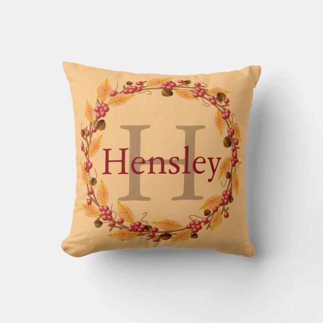 Harvest Wreath Custom Monogram Throw Pillow (Front)