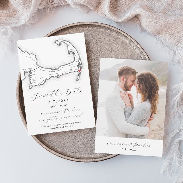 Harwich MA Cape Cod Map Black and White Wedding Save The Date (Chatham MA Cape Cod Map Save the Date with Photo in Elegant Modern Black and White )