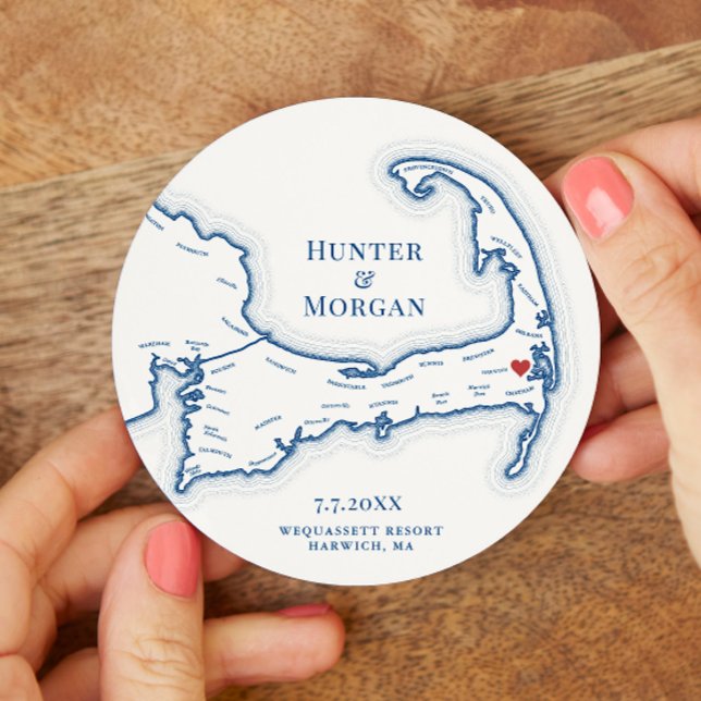 Harwich MA Wequassett Resort Cape Cod Wedding Round Paper Coaster (Wequassett Resort Wedding Favor Cocktail Hour Coasters for a Cape Cod Wedding in Elegant Navy Blue)