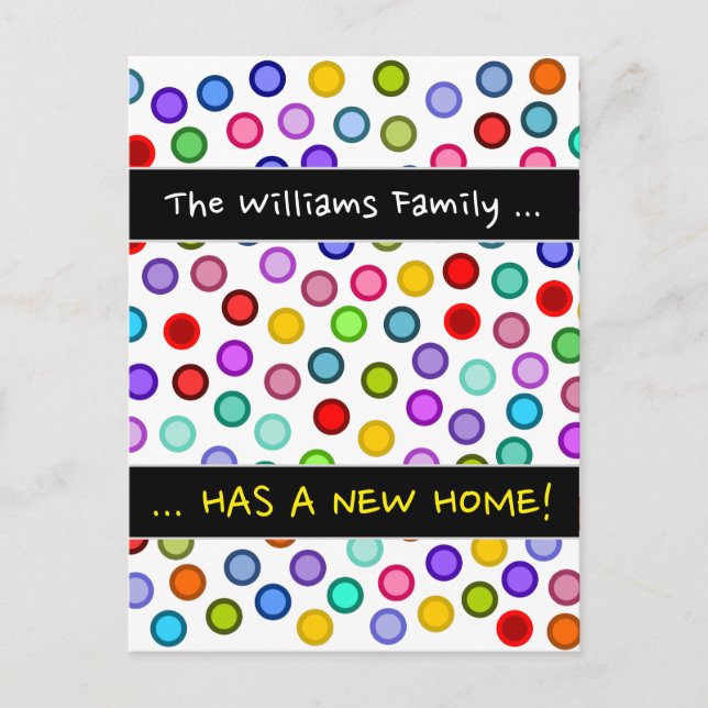 "... HAS A NEW HOME!" + Many Colourful Circles Announcement Postcard (Front)