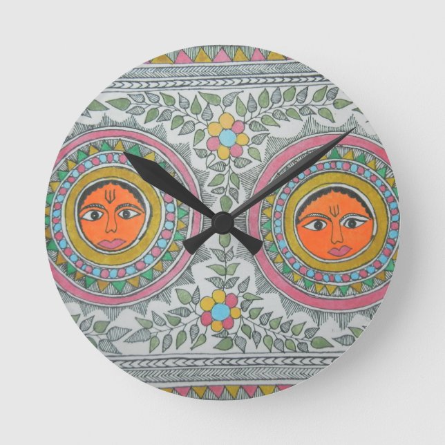 has a "sun" motif in "madhubani painting" style. round clock (Front)