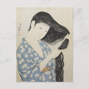 Hashiguchi Goyo - Woman in Blue Combing Her Hair Postcard