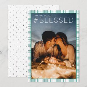 Hashtag #BLESSED Plaid Turquoise Vertical Holiday Card