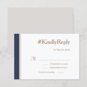 Hashtag Blue Stripes Gold White Grey Wedding RSVP Invitation