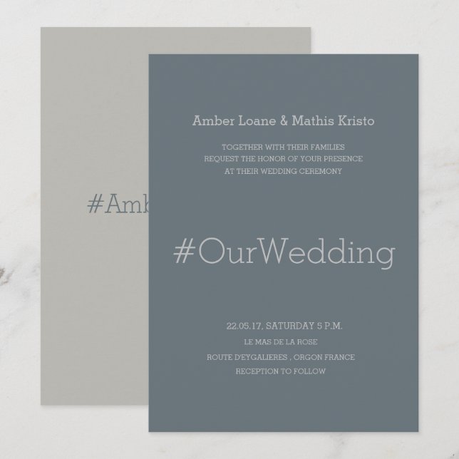 Hashtag chic modern elegant blue grey wedding invitation (Front/Back)