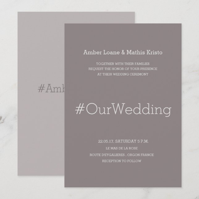 Hashtag chic modern elegant lilac grey wedding invitation (Front/Back)