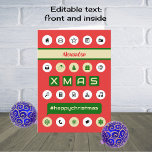 Hashtag christmas add name computing red holiday card<br><div class="desc">This christmas card has been inspired by computer and smartphone screens, using red, green and golden colors for a rich festive appearance. Icons, computer buttons and symbols, and the message #happychristmas adorn the front. Add a name by typing in the box, and customize the greeting inside (currently this is #MerryChristmasHavingFun...</div>