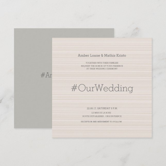 Hashtag modern elegant blush grey stripes wedding invitation (Front/Back)