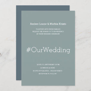 Hashtag modern elegant spruce green blue wedding invitation